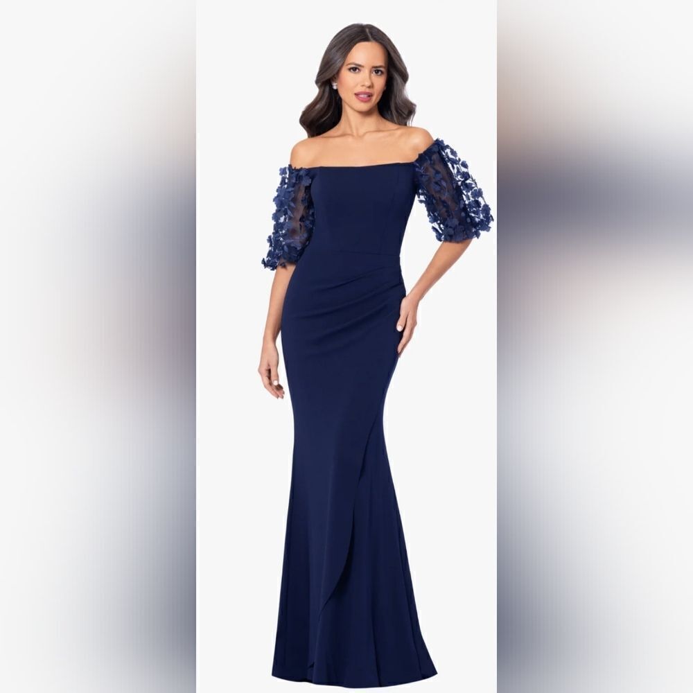 XSCAPE Melanie 3D Floral Sleeve Scuba Crepe Gown NWT size 8 Navy Blue